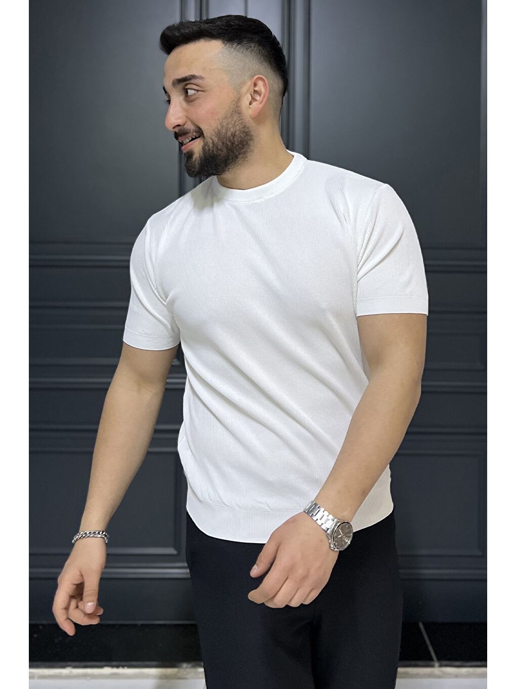 Beyaz Erkek Bisiklet Yaka Fitilli Tişört-1