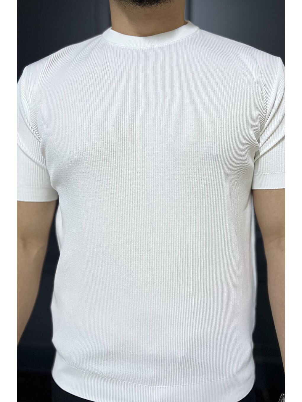 Beyaz Erkek Bisiklet Yaka Fitilli Tişört-2