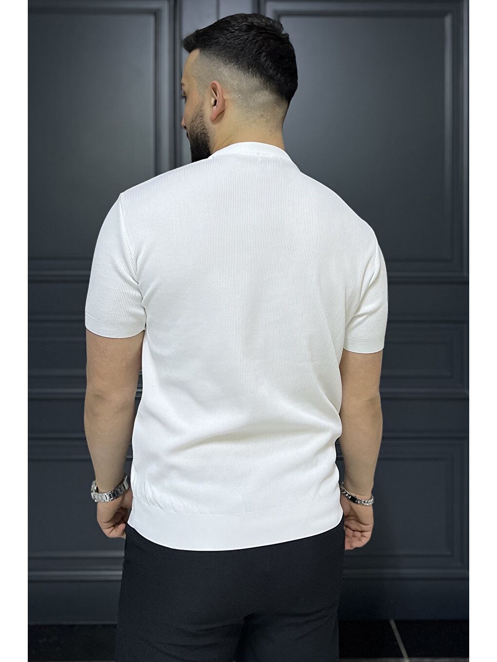 Beyaz Erkek Bisiklet Yaka Fitilli Tişört-3