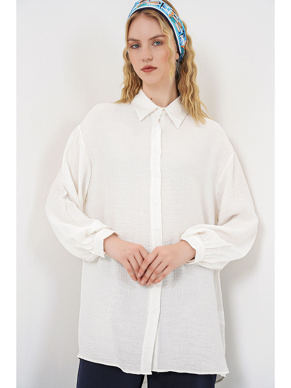 Kadın Dokulu Oversize Tunik 5989 - Beyaz