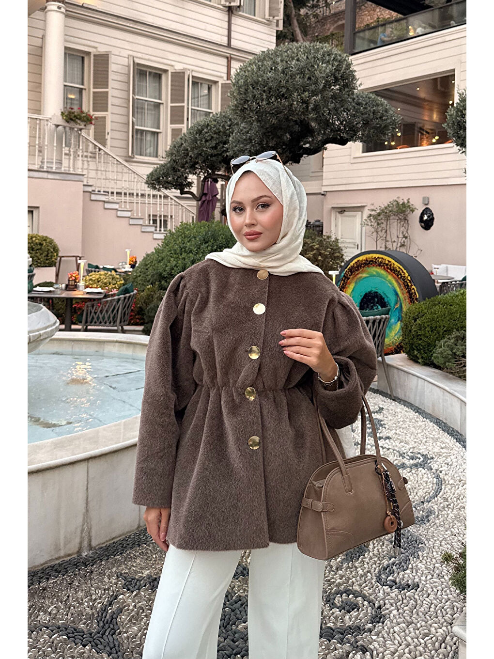 Kadın Gold Düğme Detay Mont Kahverengi