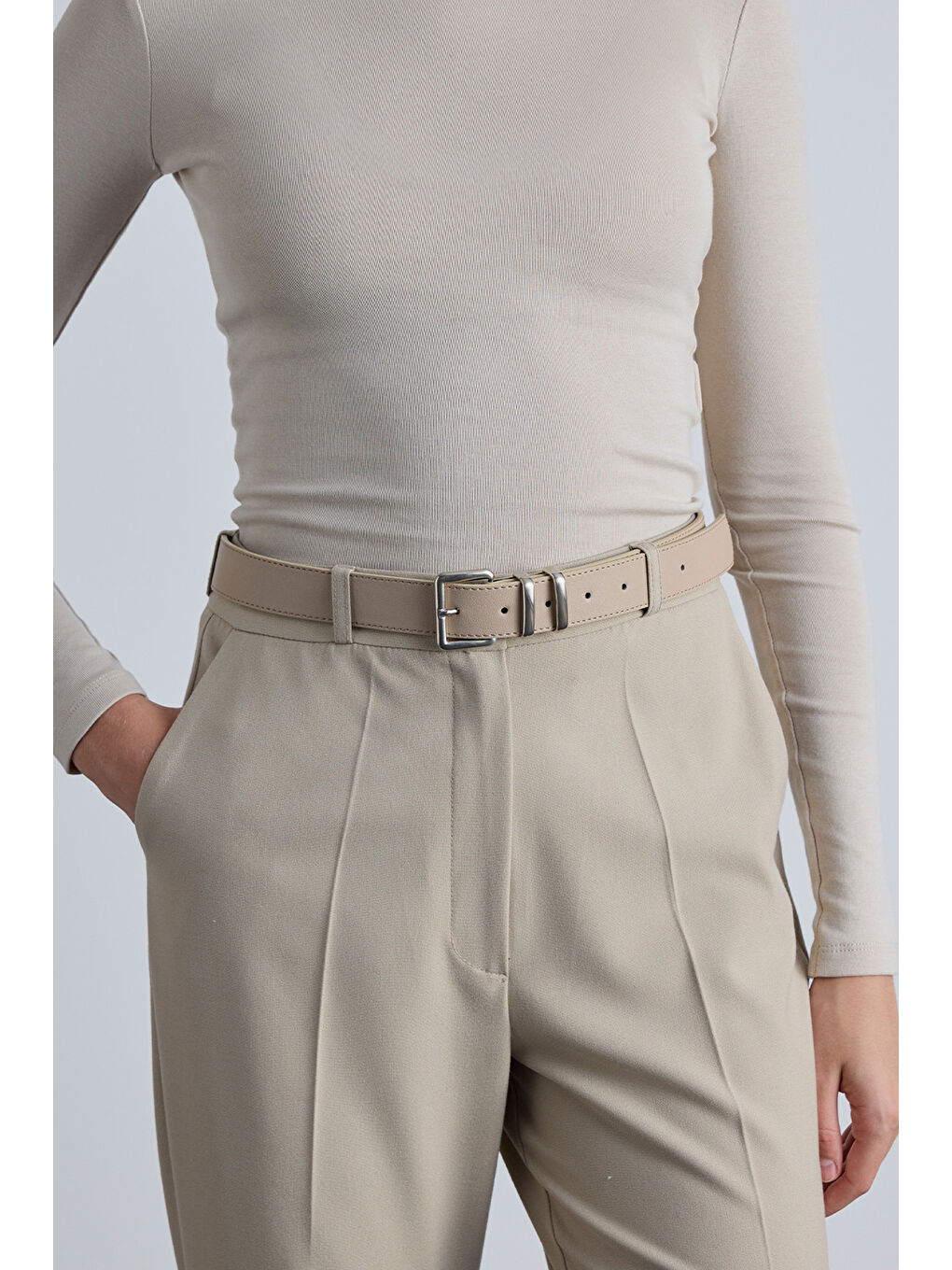 Basıc Kare Tokalı Deri Kemer Bej-2