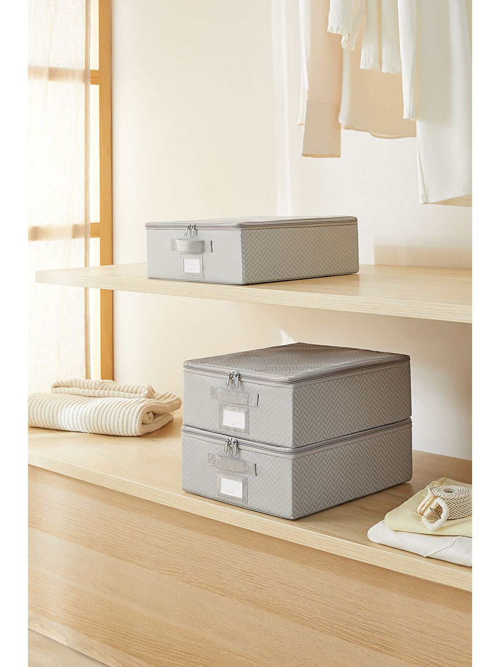 3'lü Küçük Boy Gri Balıksırtı Destekli Hurç Set 31 x 38 x 12 cm