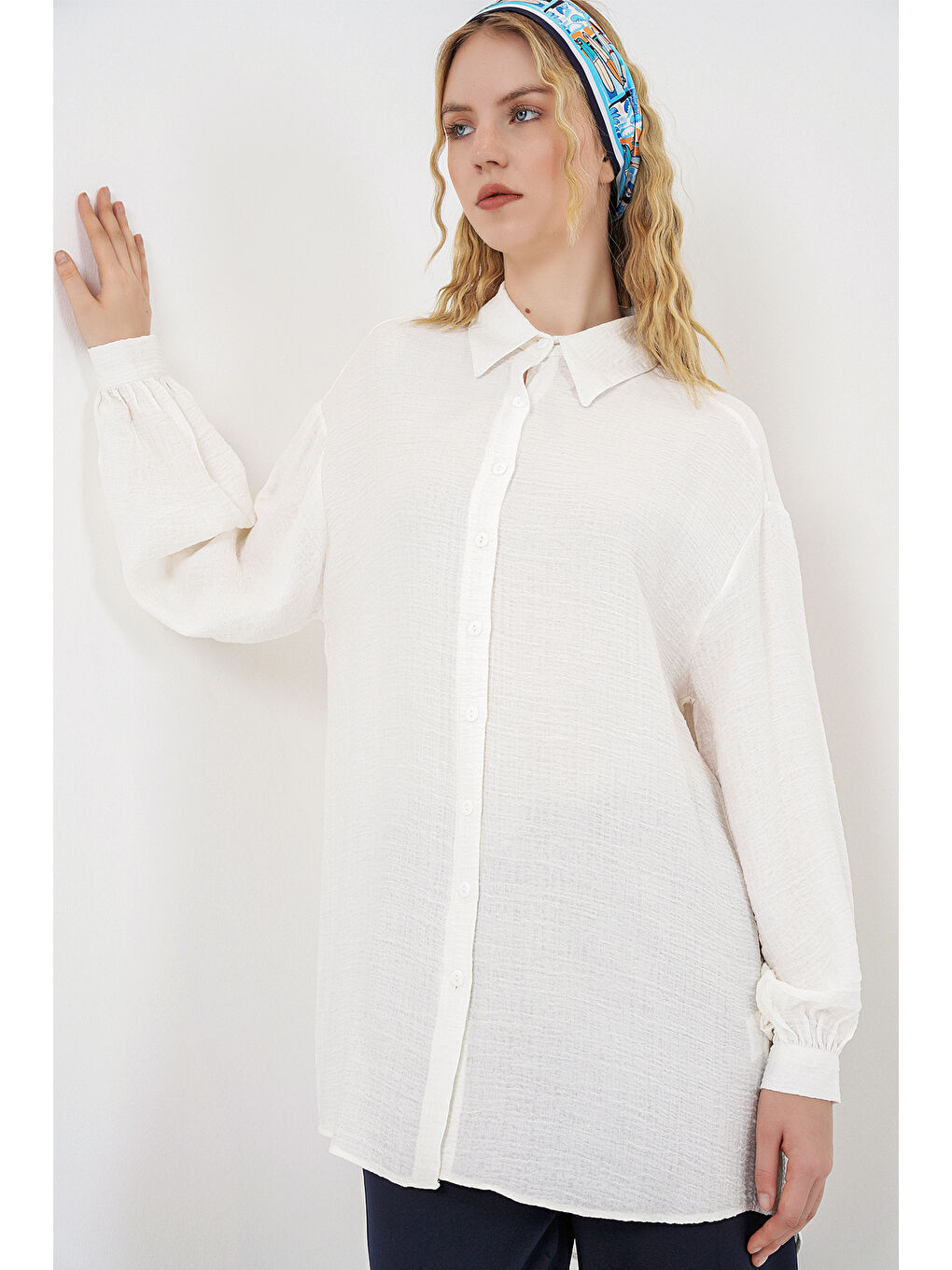 Kadın Dokulu Oversize Tunik 5989 - Beyaz-2