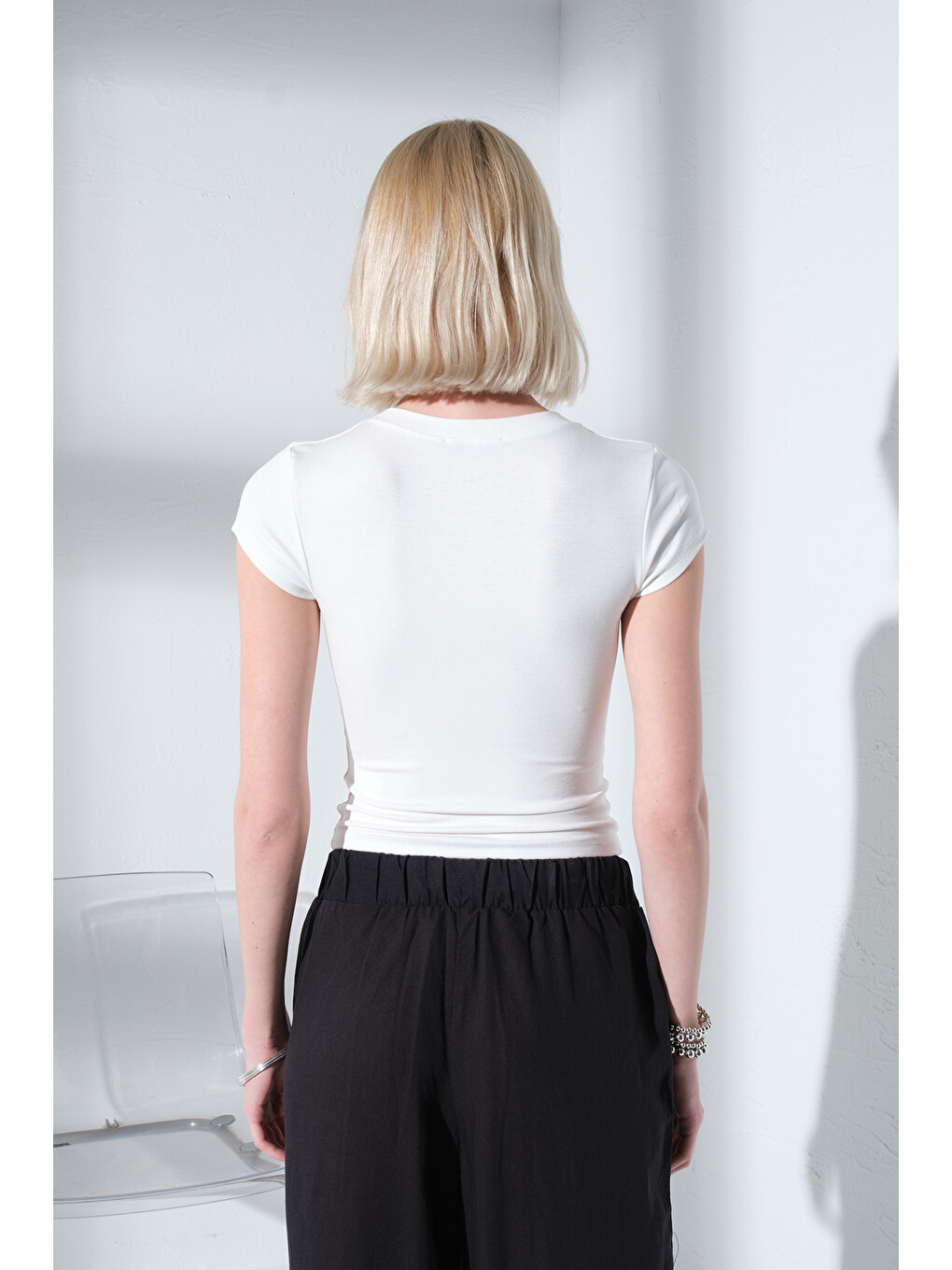 Ekru V Yaka Soft Touch Premium Ay Kol Örme Body Bluz @Alto-4