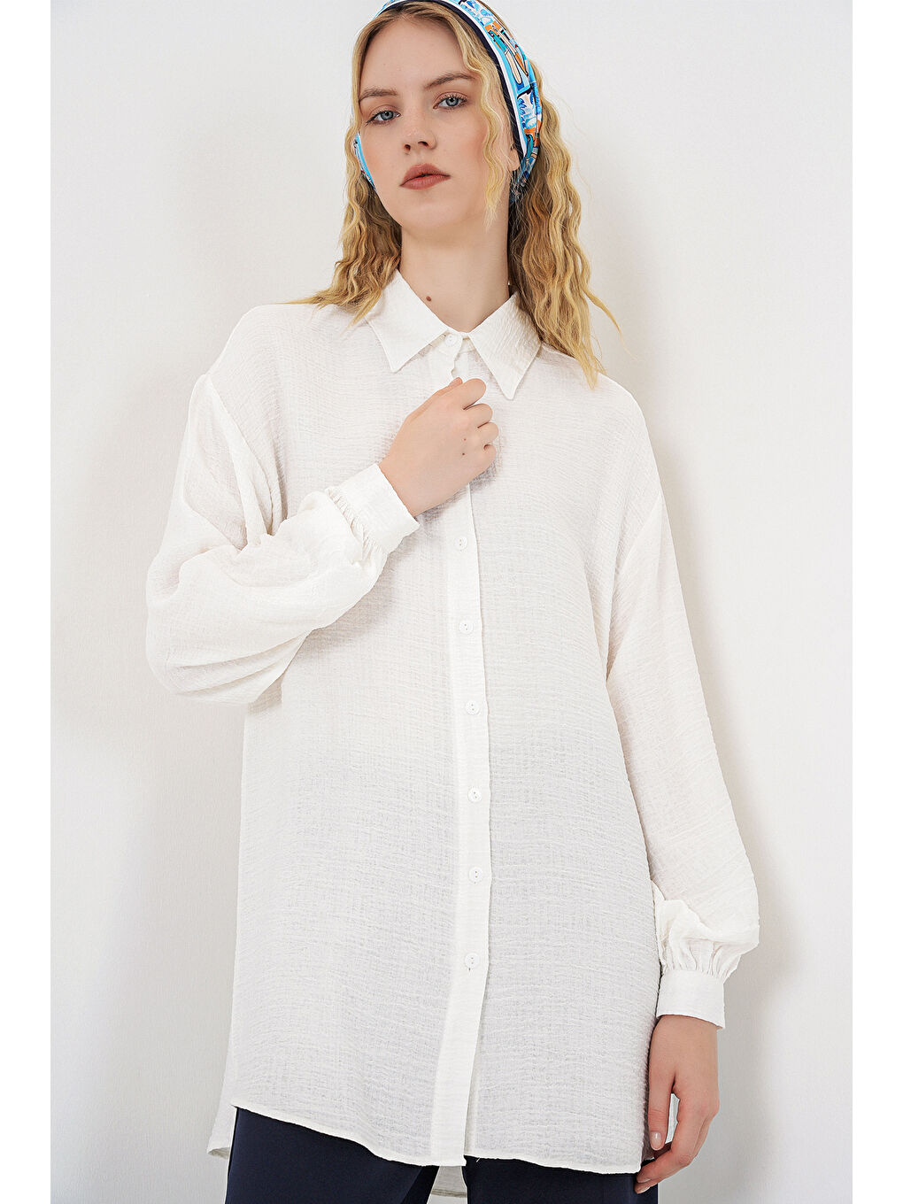 Kadın Dokulu Oversize Tunik 5989 - Beyaz-3