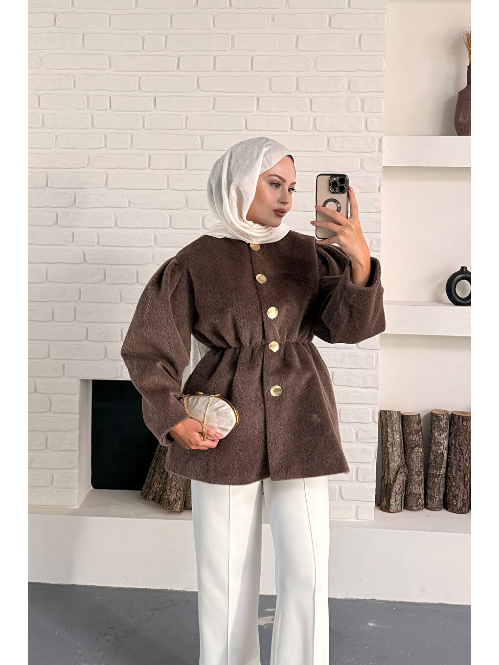 Kadın Gold Düğme Detay Mont Kahverengi-1