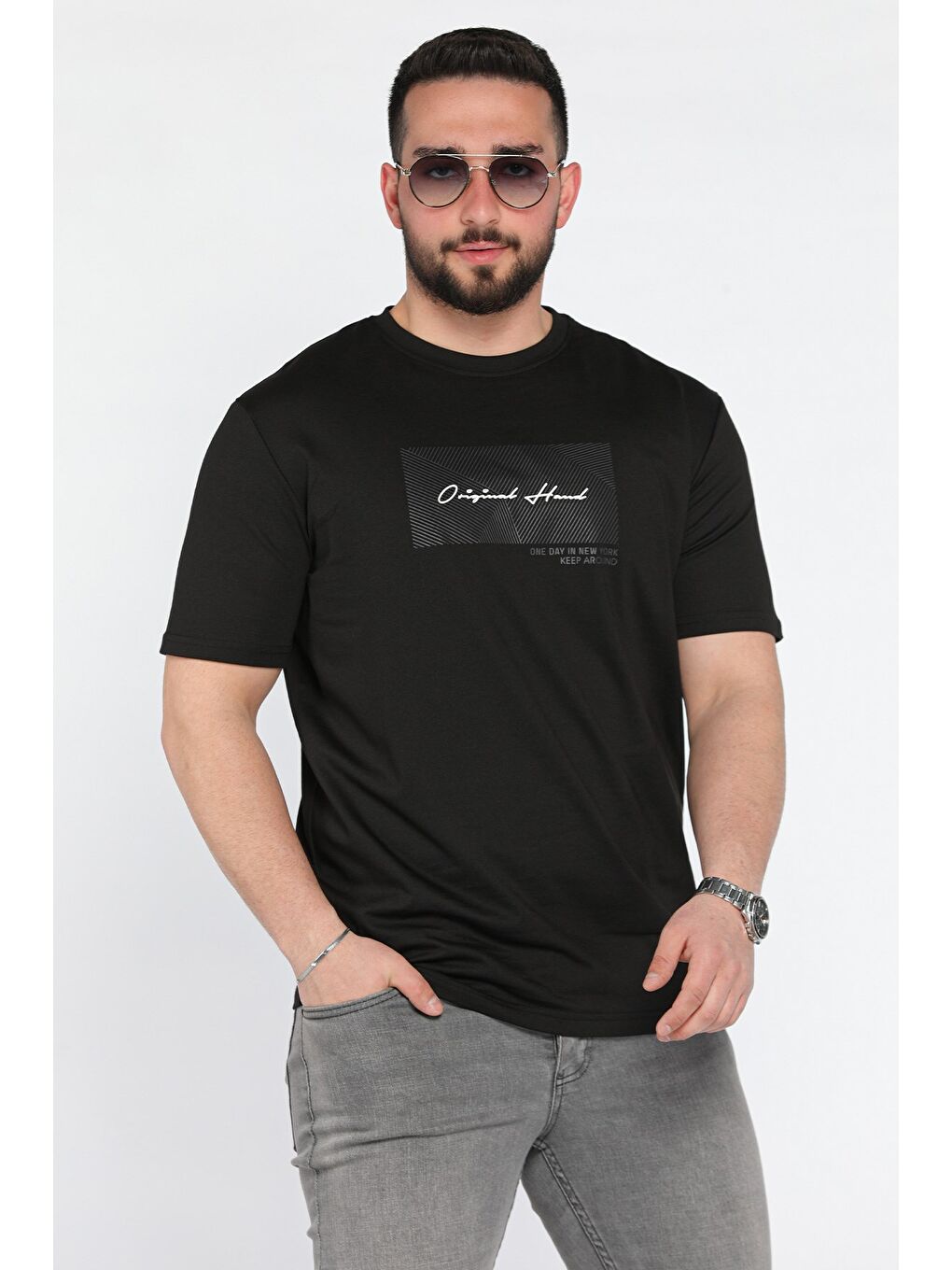 Siyah Erkek Bisiklet Yaka Baskılı Tişört