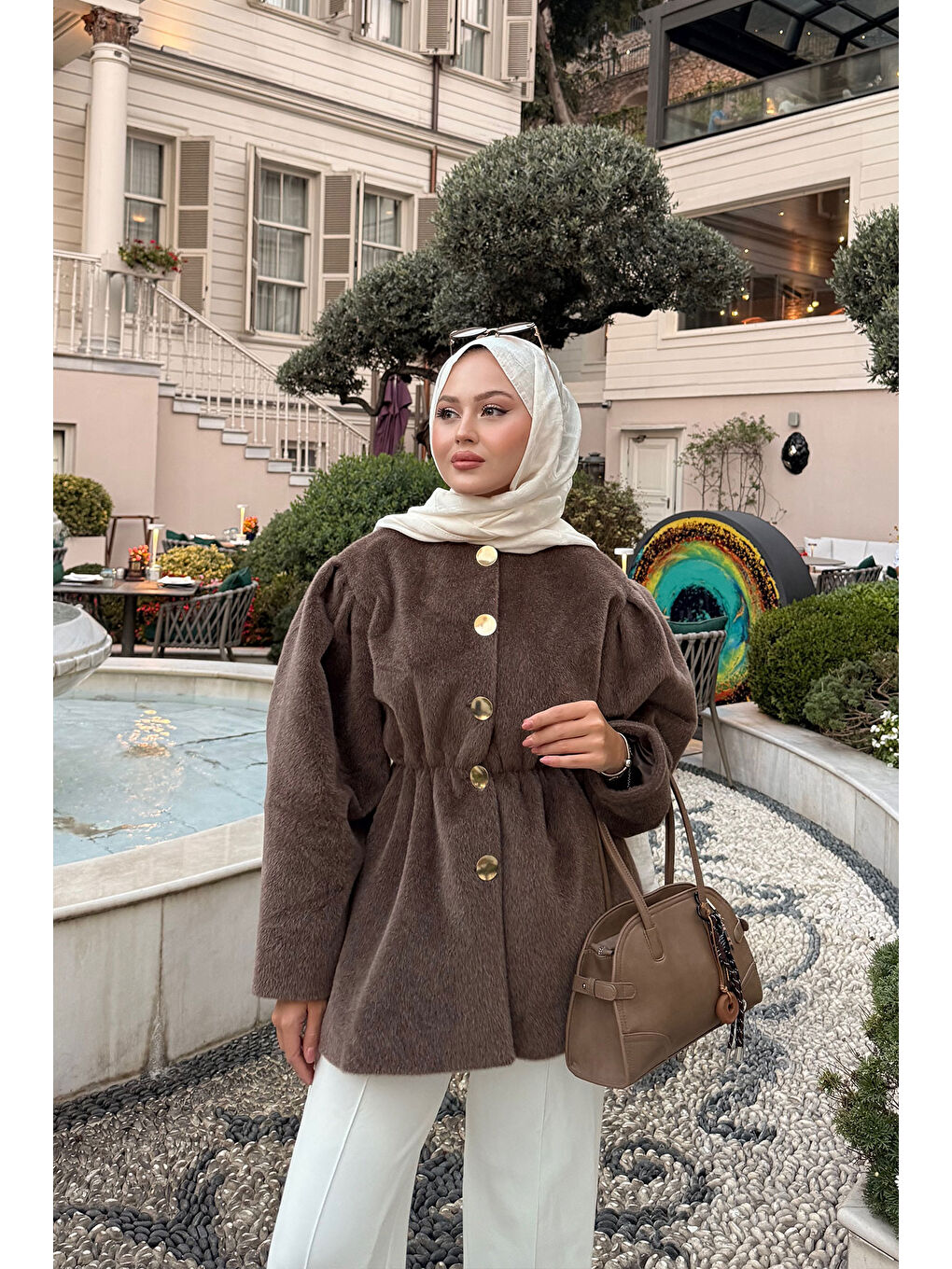 Kadın Gold Düğme Detay Mont Kahverengi-3