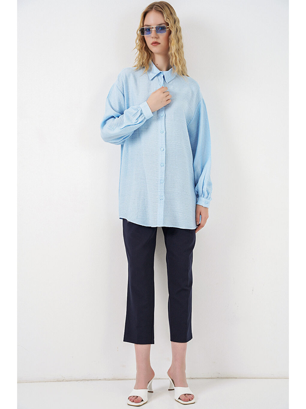 Kadın Dokulu Oversize Tunik 5989 - Mavi-1