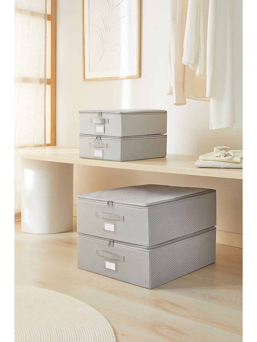 4'lü Gri Balıksırtı Destekli Hurç Set 2 Adet 31 x 38 x 12 + 45 x 55 x 18 cm