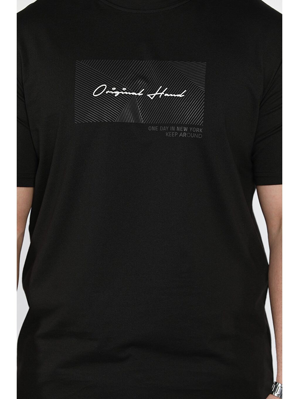 Siyah Erkek Bisiklet Yaka Baskılı Tişört-3