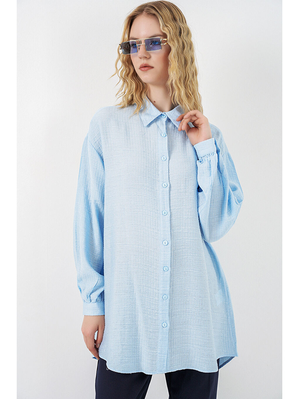Kadın Dokulu Oversize Tunik 5989 - Mavi-2