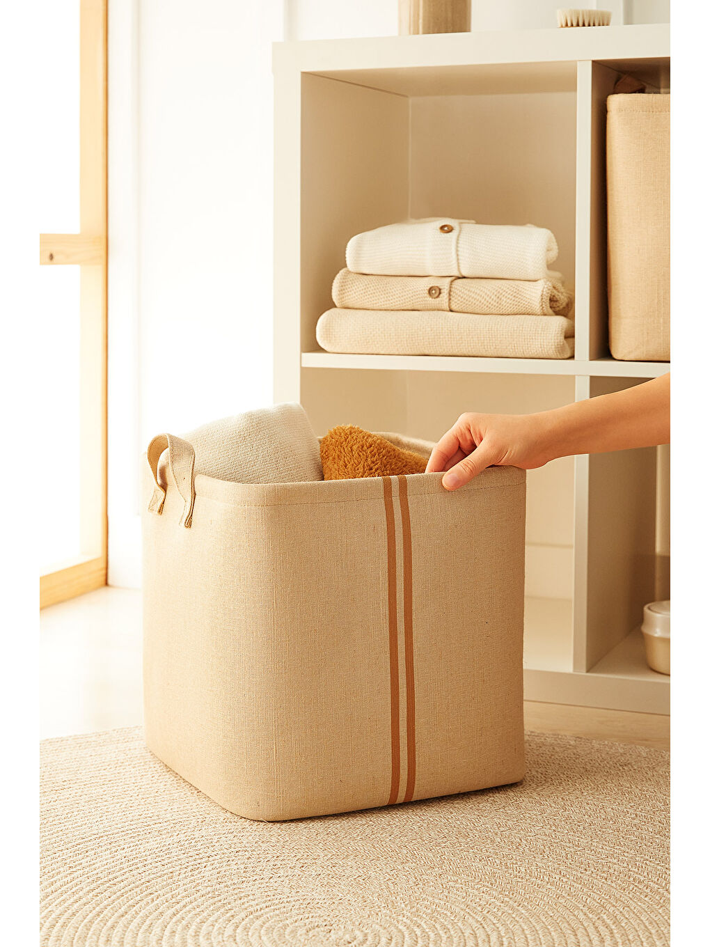 Bej 2'li Çocuk Odası Jüt Keten Kumaş Sepet Set 30 x 30 x 30 cm-1