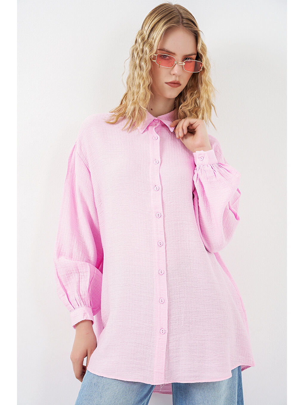 Kadın Dokulu Oversize Tunik 5989 - Pembe
