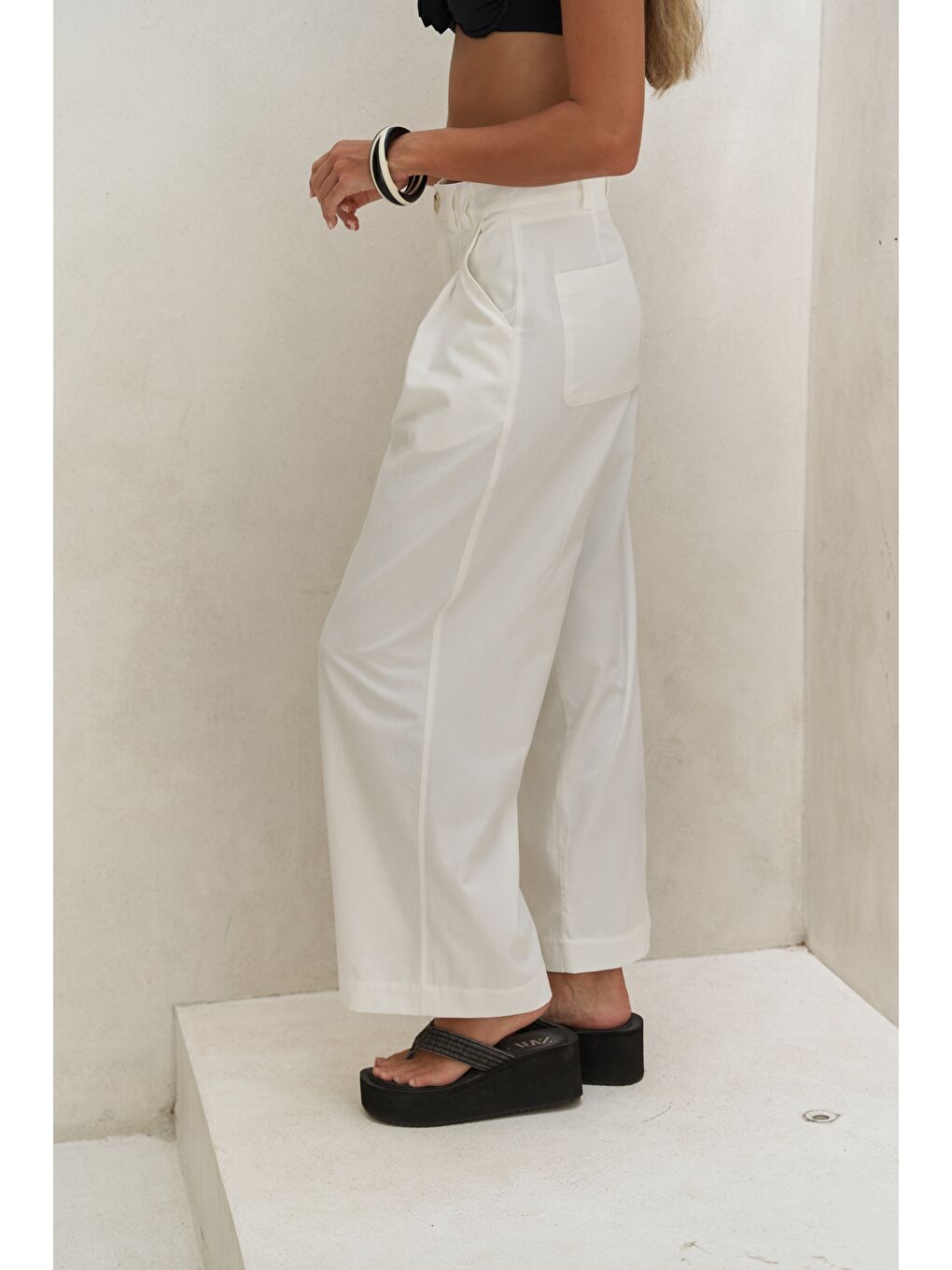 Delbin Kemer Detay Ekru Palazzo Pantolon-3