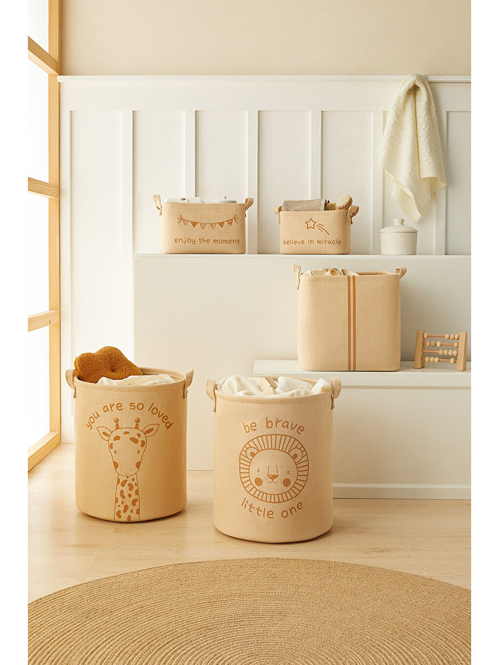 Bej 2'li Çocuk Odası Jüt Keten Kumaş Sepet Set 30 x 30 x 30 cm-4