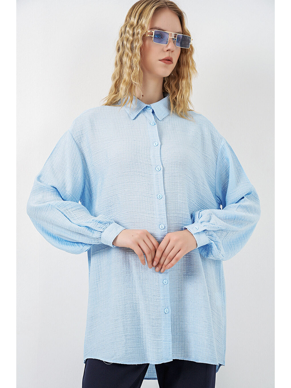 Kadın Dokulu Oversize Tunik 5989 - Mavi-3