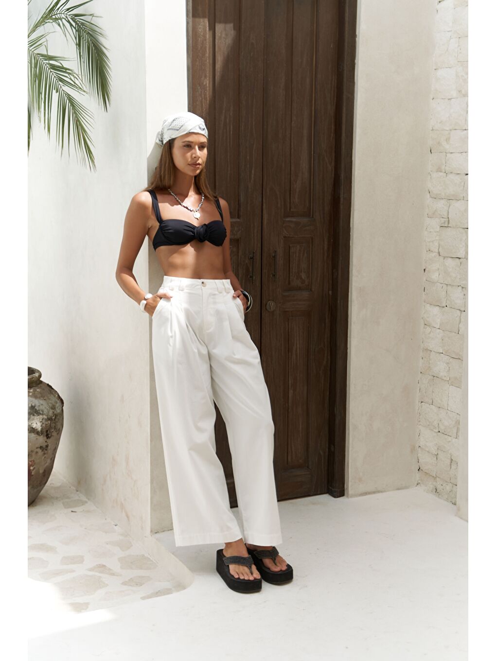 Delbin Kemer Detay Ekru Palazzo Pantolon-5