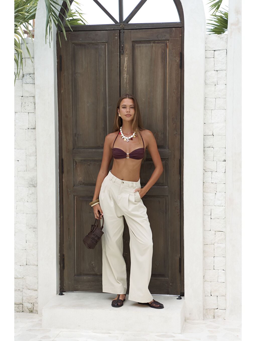 Delbin Kemer Detay Bej Palazzo Pantolon-1