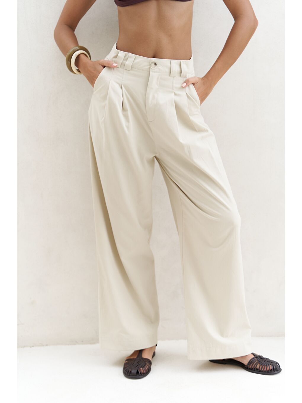Delbin Kemer Detay Bej Palazzo Pantolon-2