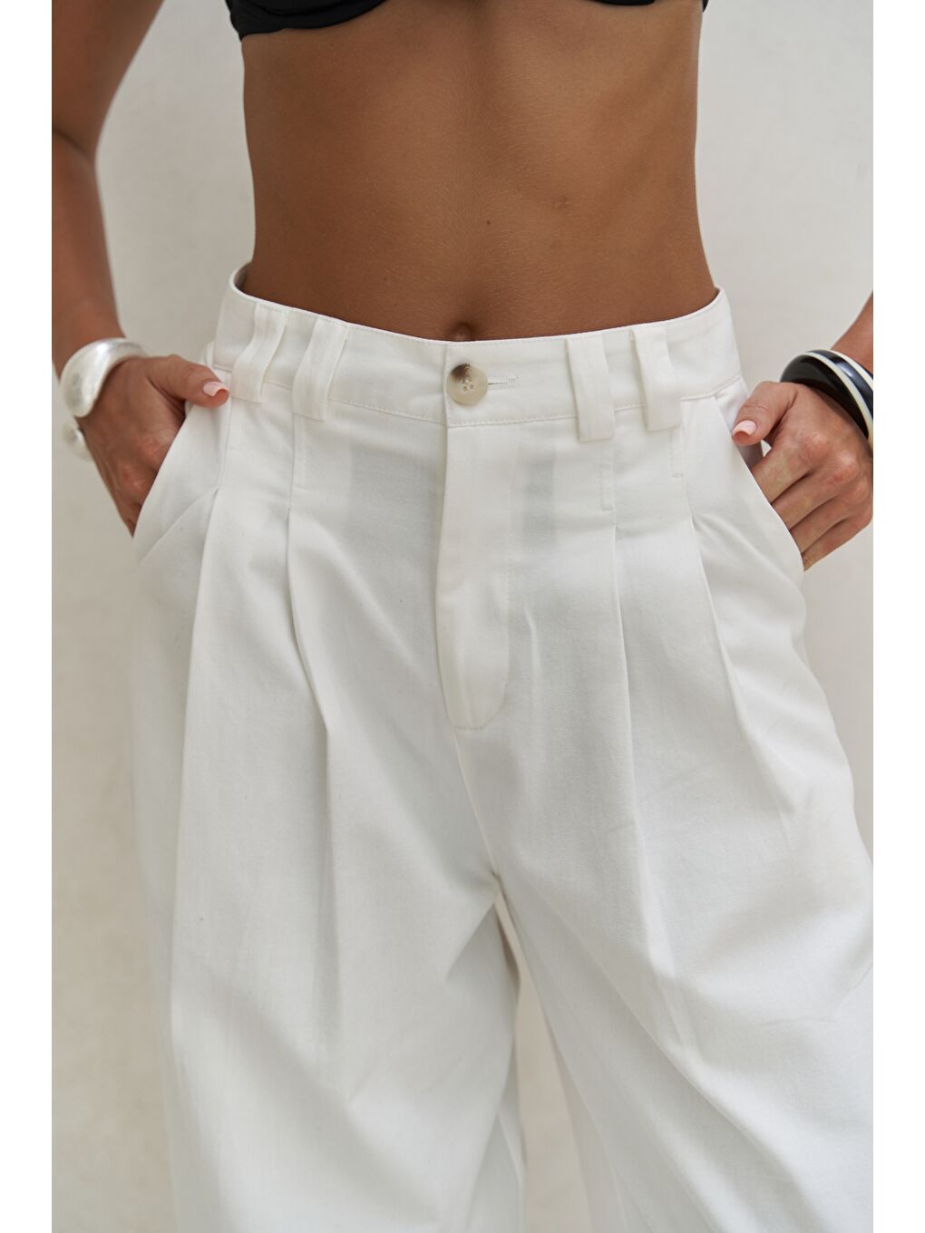 Delbin Kemer Detay Ekru Palazzo Pantolon-7
