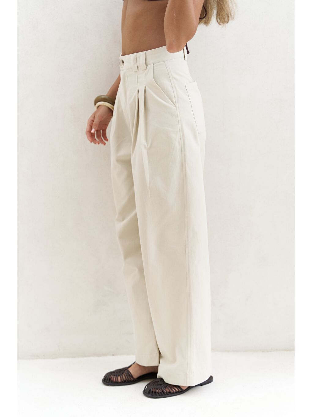 Delbin Kemer Detay Bej Palazzo Pantolon-3