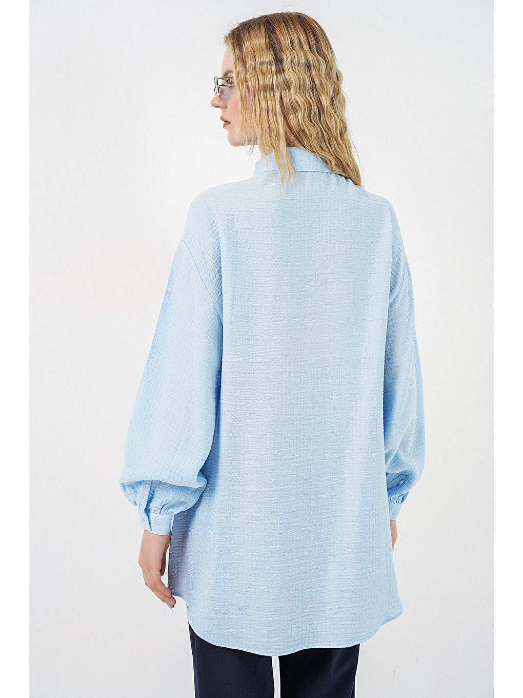 Kadın Dokulu Oversize Tunik 5989 - Mavi-5