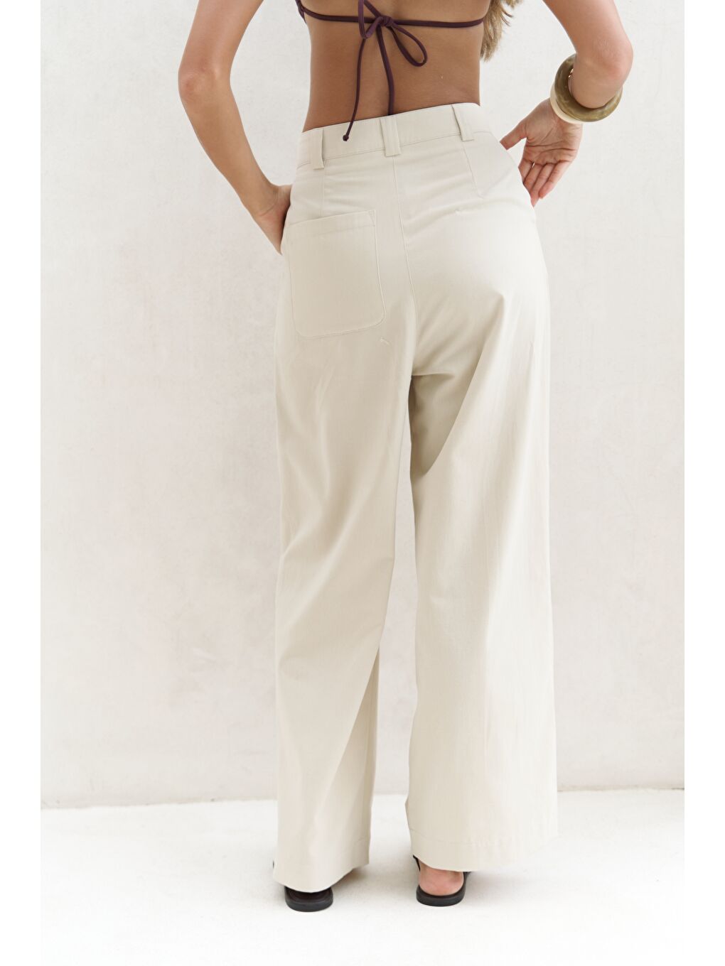 Delbin Kemer Detay Bej Palazzo Pantolon-4