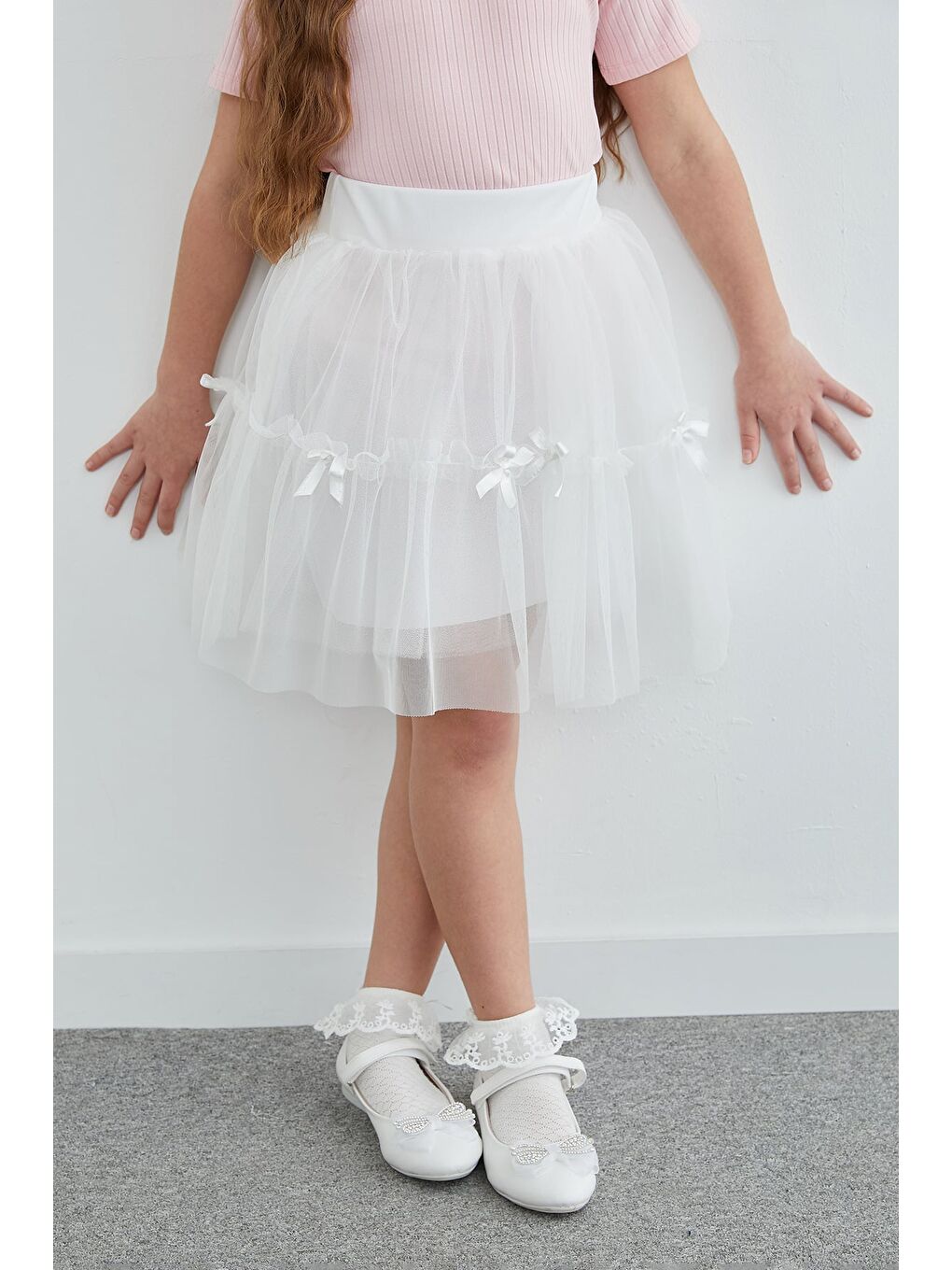 Beyaz Beli Lastikli Fiyonklu Kız Çocuk Tül Etek-1