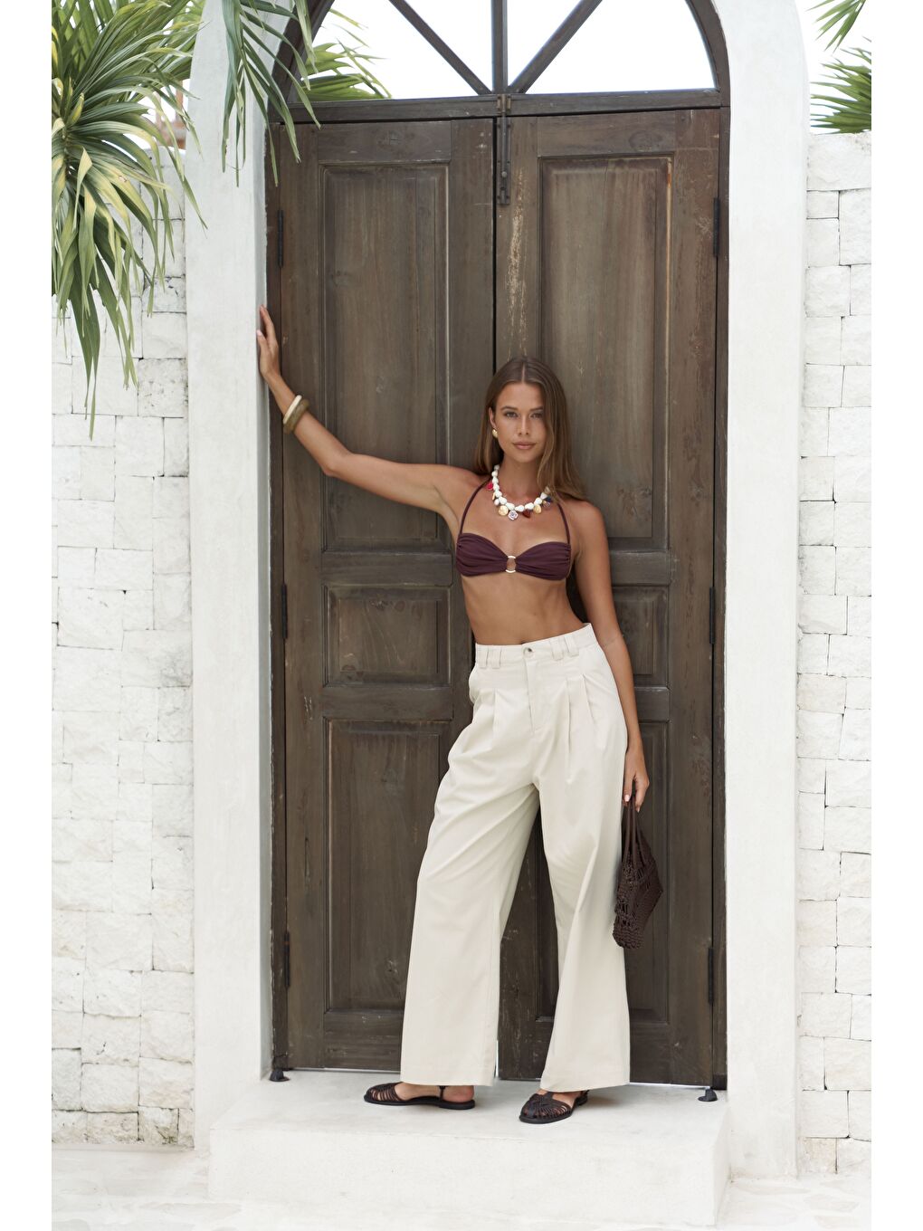 Delbin Kemer Detay Bej Palazzo Pantolon-5