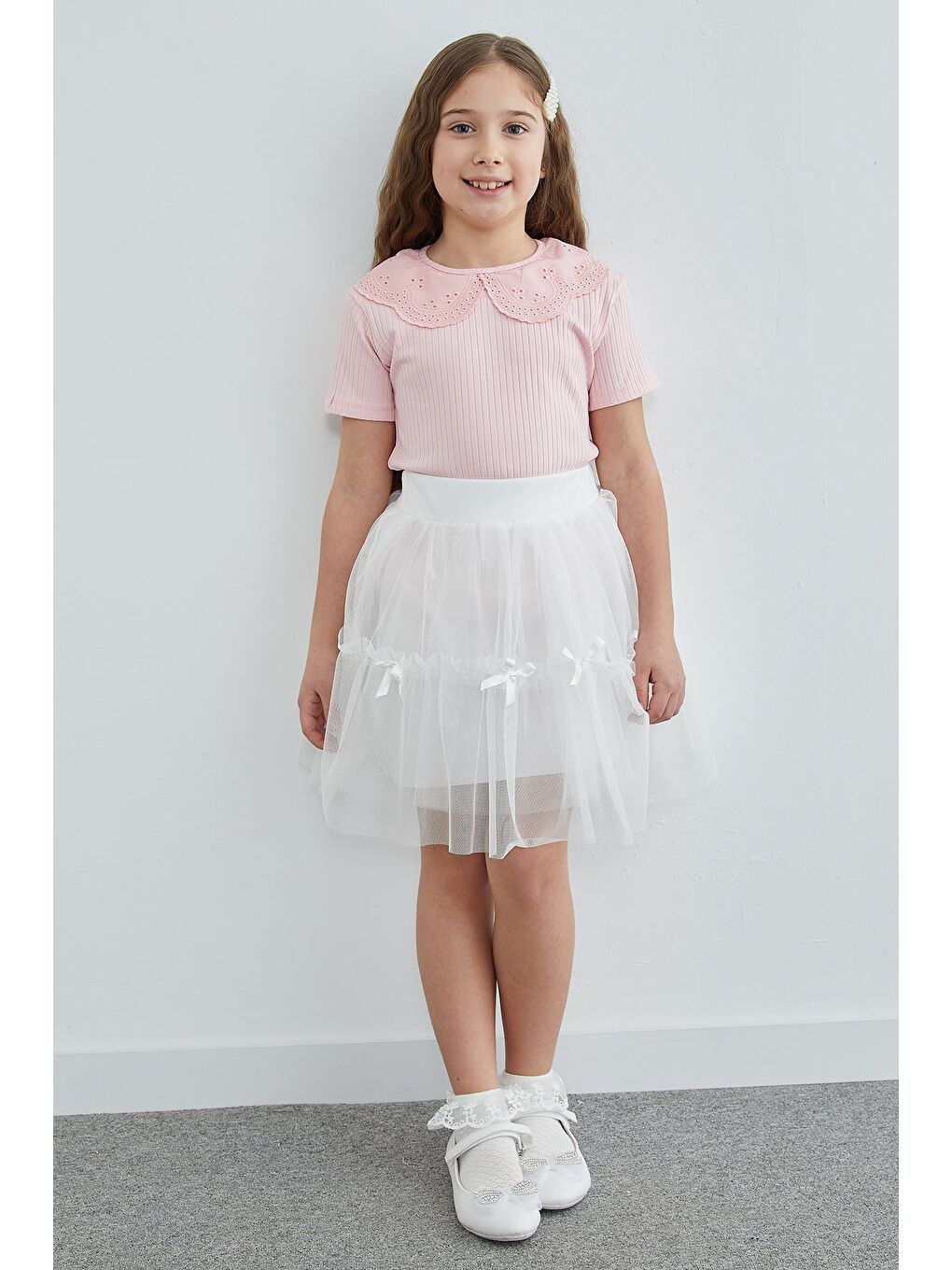 Beyaz Beli Lastikli Fiyonklu Kız Çocuk Tül Etek-2