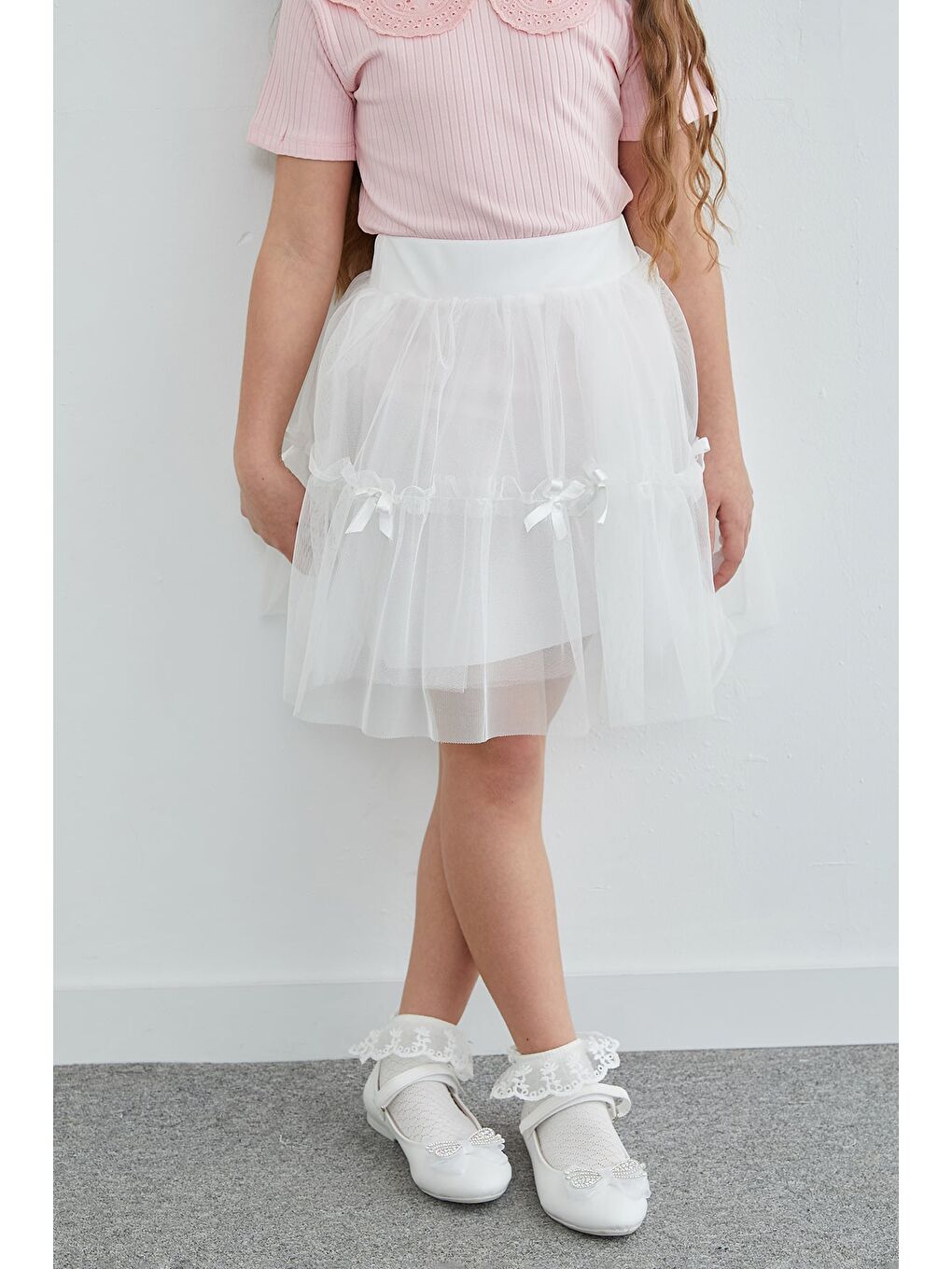 Beyaz Beli Lastikli Fiyonklu Kız Çocuk Tül Etek-3