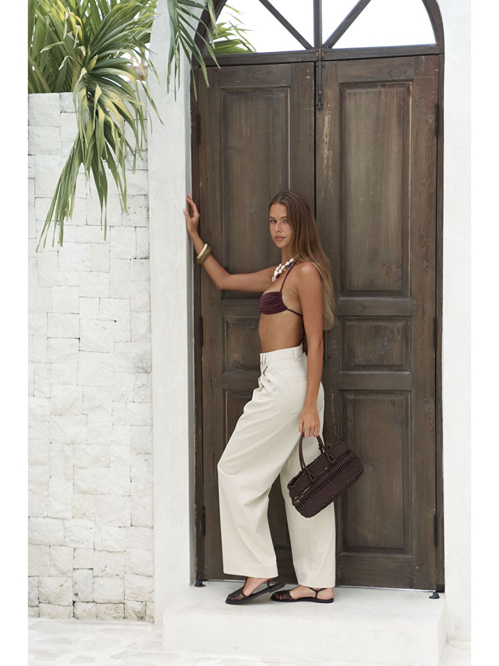 Delbin Kemer Detay Bej Palazzo Pantolon-6