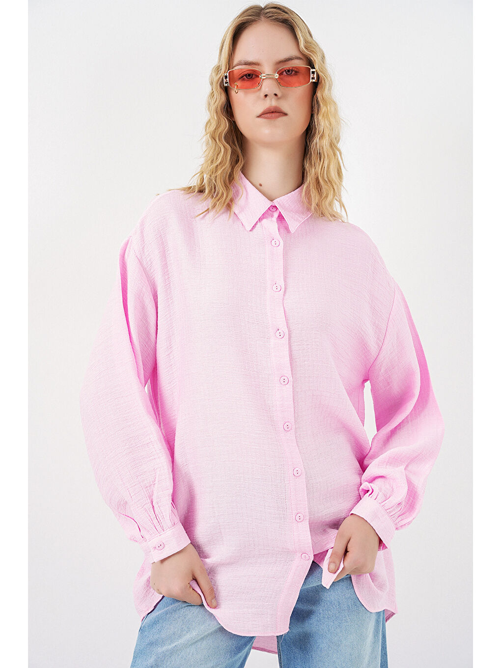 Kadın Dokulu Oversize Tunik 5989 - Pembe-2