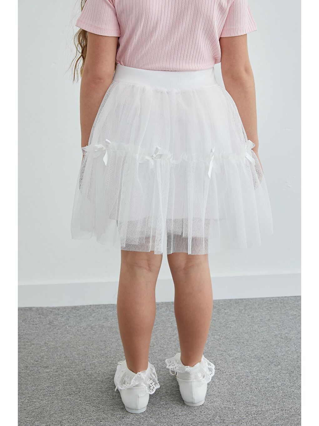 Beyaz Beli Lastikli Fiyonklu Kız Çocuk Tül Etek-4