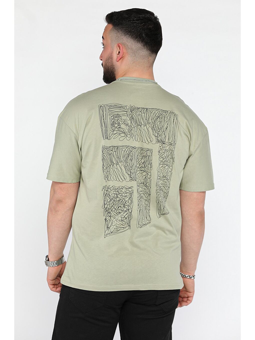 Haki Erkek Bisiklet Yaka  Aksesuar Detaylı Tişört-2