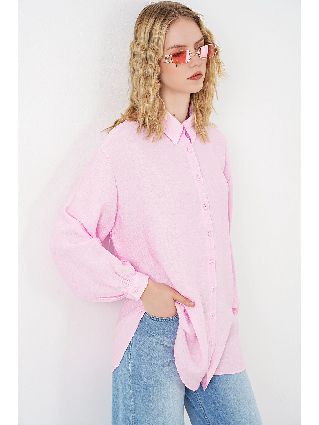 Kadın Dokulu Oversize Tunik 5989 - Pembe-3