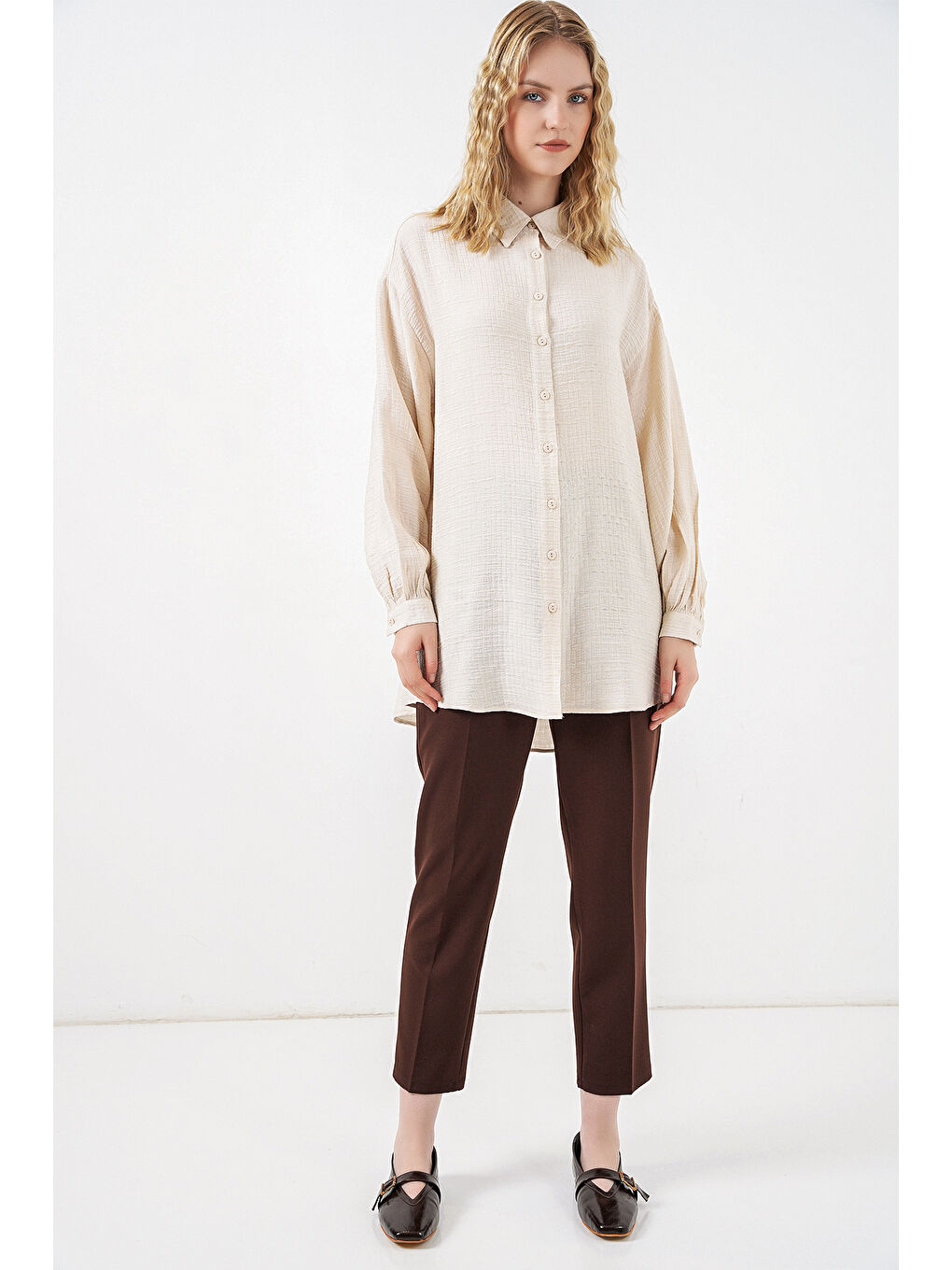 Ekru Kadın Dokulu Oversize Tunik 5989 - Krem-1