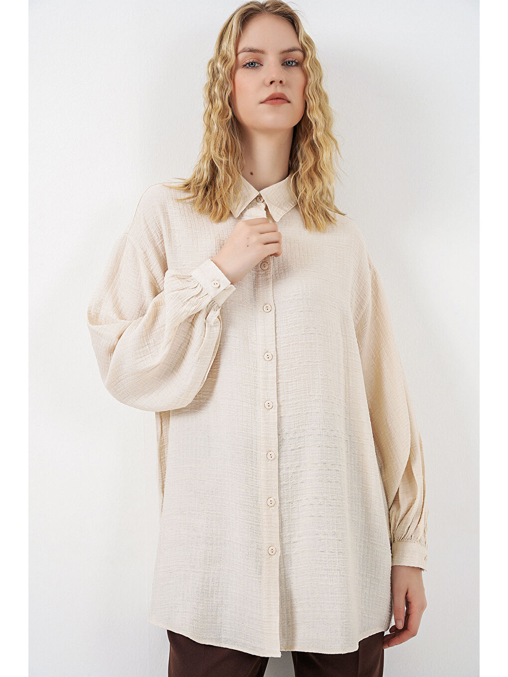 Ekru Kadın Dokulu Oversize Tunik 5989 - Krem-2