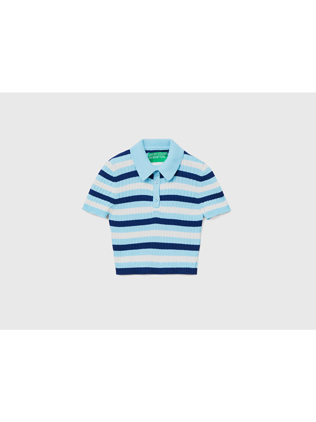 Kadın Turkuaz Polo Yaka Çizgili Slim Fit Kısa Kollu Crop Kazak-1