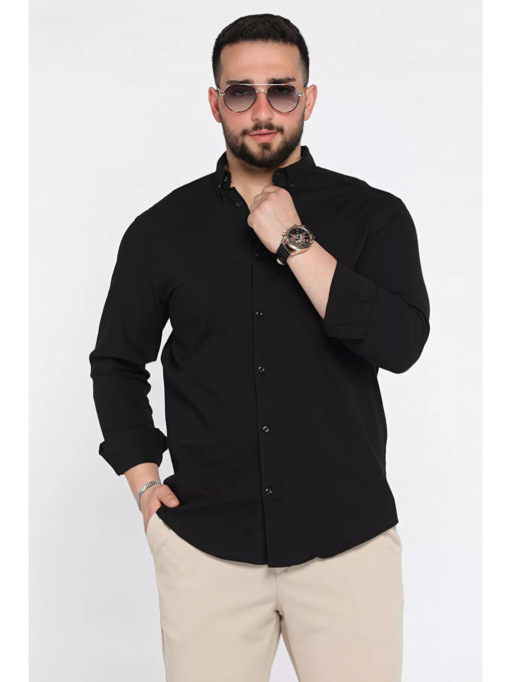 Siyah Kendinden Desenli Erkek Uzun Kol Gömlek-1