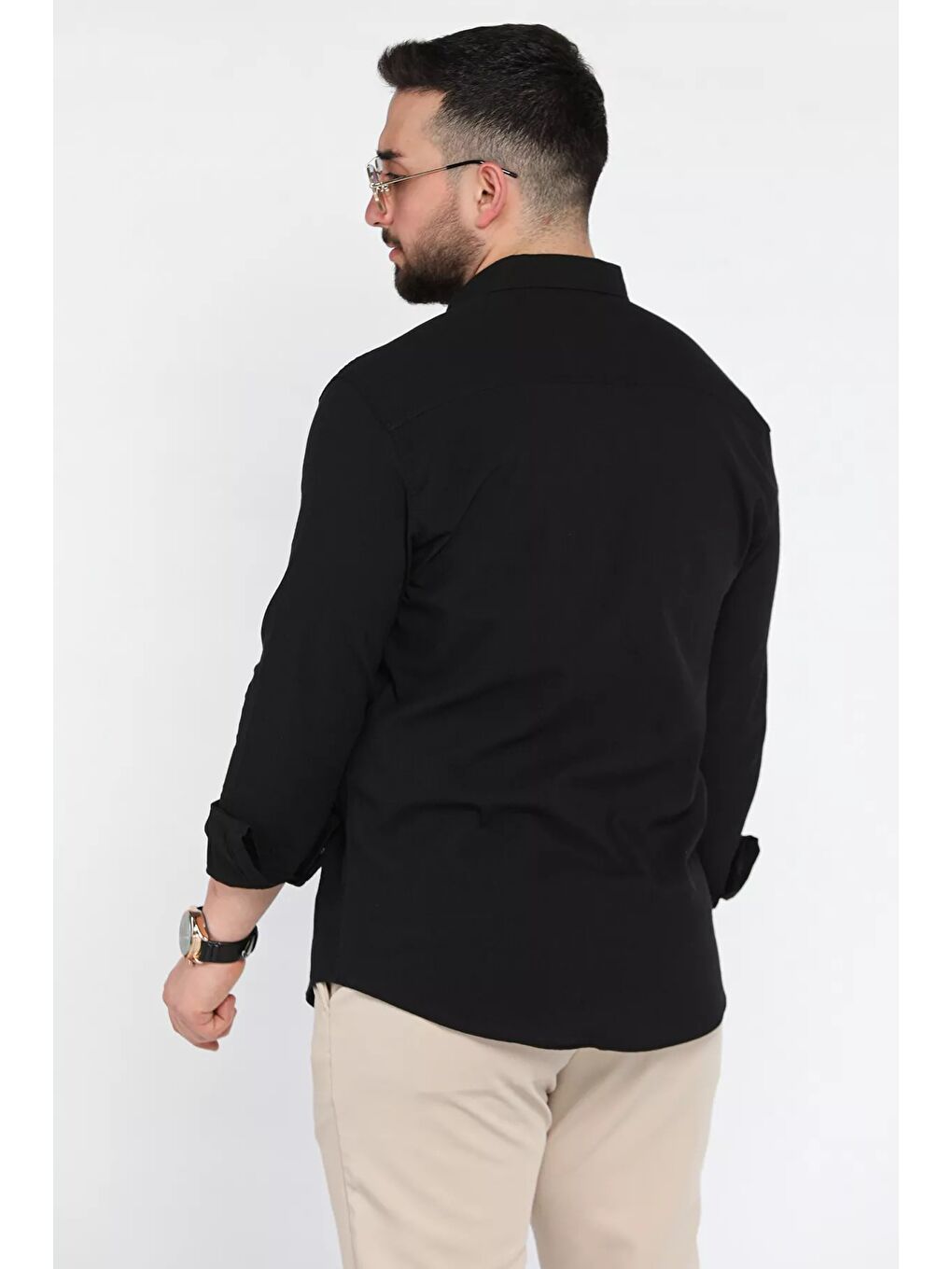 Siyah Kendinden Desenli Erkek Uzun Kol Gömlek-2