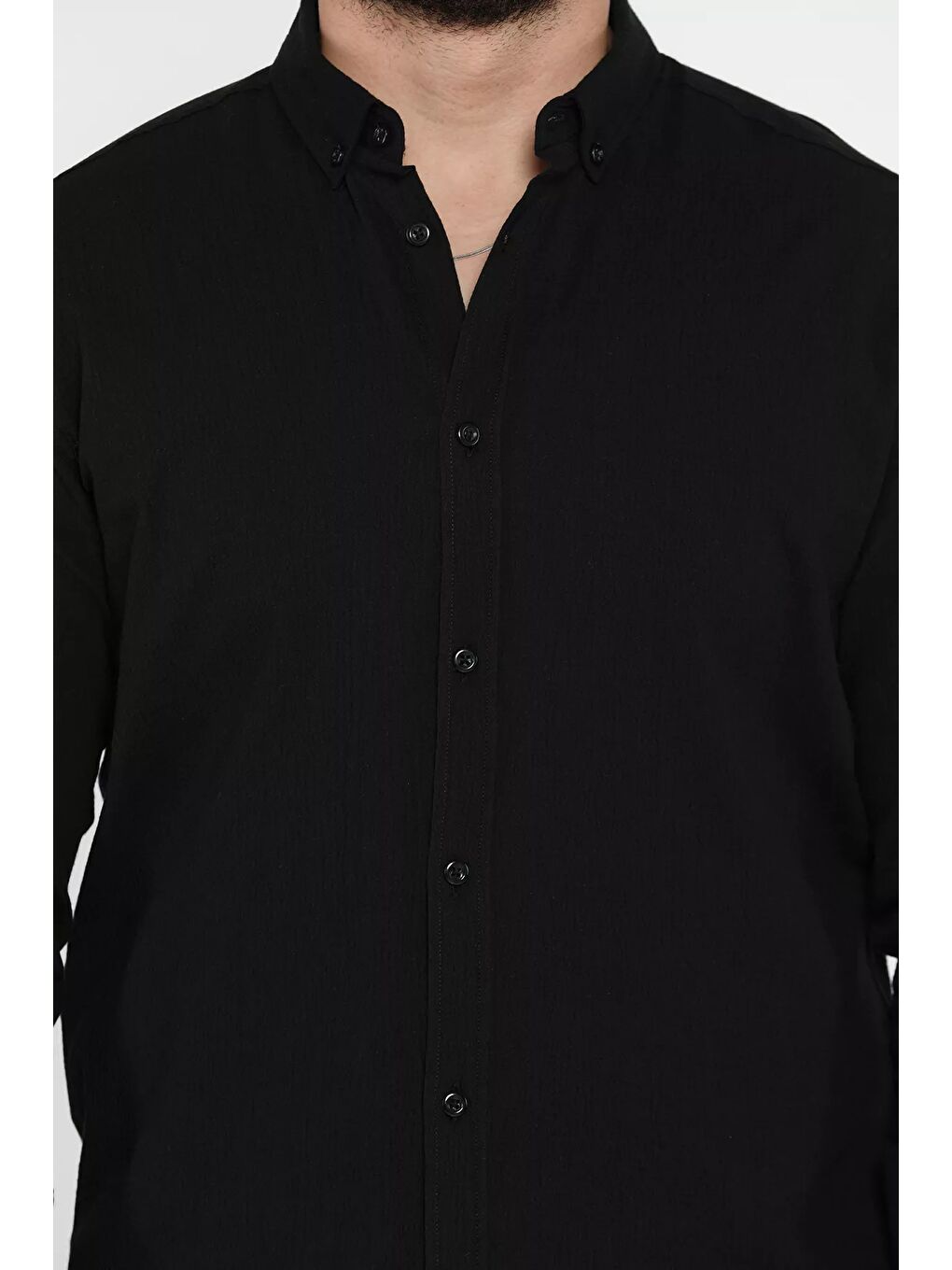 Siyah Kendinden Desenli Erkek Uzun Kol Gömlek-3