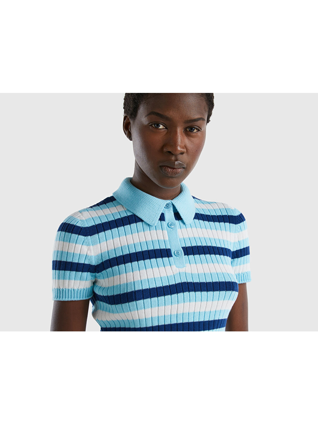 Kadın Turkuaz Polo Yaka Çizgili Slim Fit Kısa Kollu Crop Kazak-5