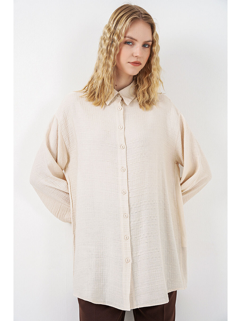 Ekru Kadın Dokulu Oversize Tunik 5989 - Krem-3