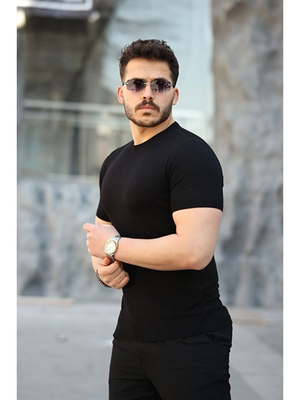 Siyah Erkek Viskon Kumaş Bisiklet Yaka Basic Tişört