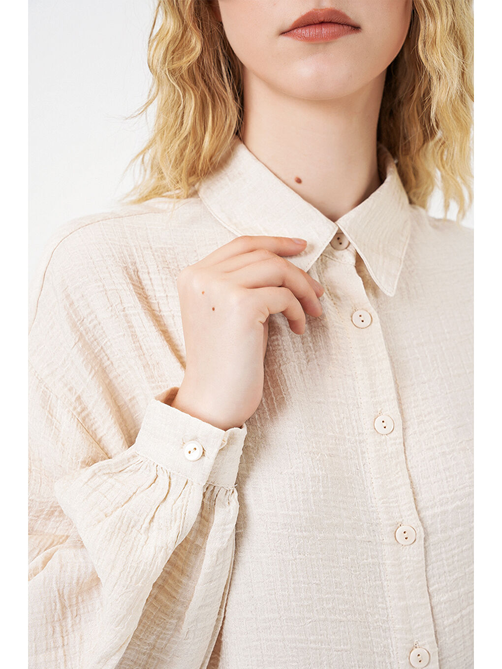 Ekru Kadın Dokulu Oversize Tunik 5989 - Krem-4
