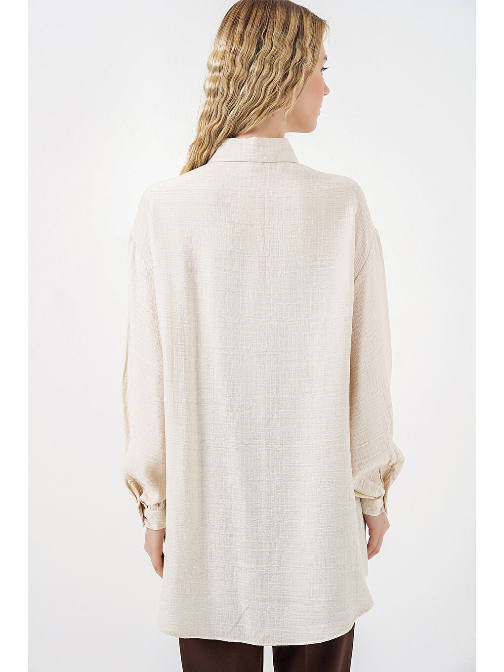 Ekru Kadın Dokulu Oversize Tunik 5989 - Krem-5