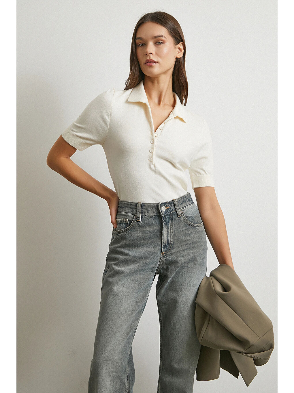 Polo Yaka Düğmeli Kısa Kol Triko Ekru